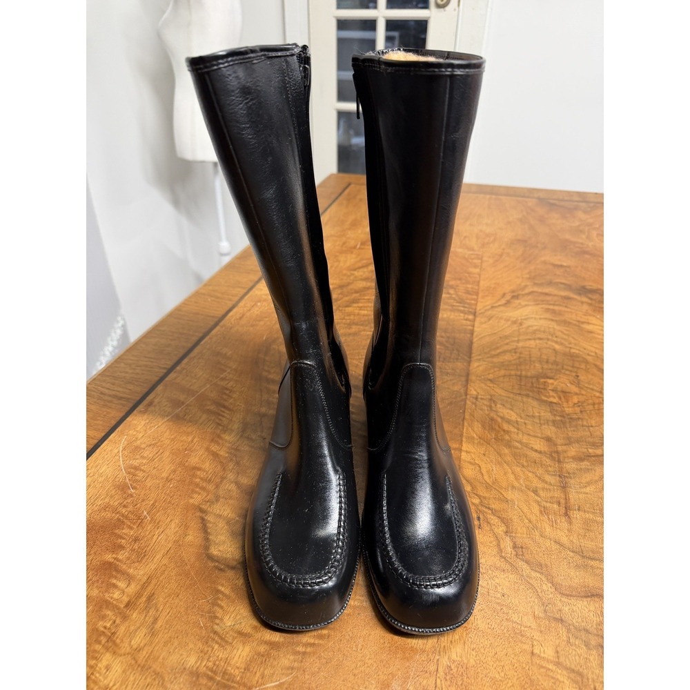 VTG 70s Black 9 Rubber Molded Insulated Tall Waterproof Rain Snow Boots Wedge - Picture 2 of 9